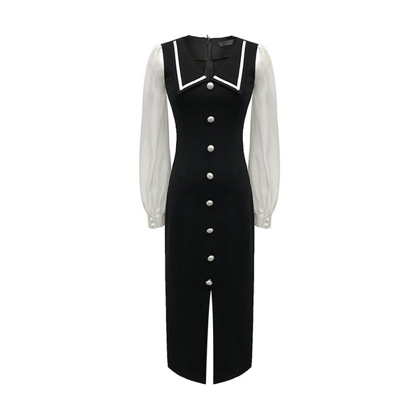 

woman vintage mesh white black patch work turn down collar long sleeve knee length dress button pencil d0930 210514, Black;gray