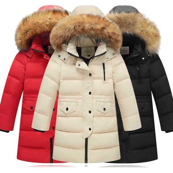 

coat girls winter duck down jacket children thickening warm jackets boys long big fur hooded outerwear coats russia -20, Blue;gray
