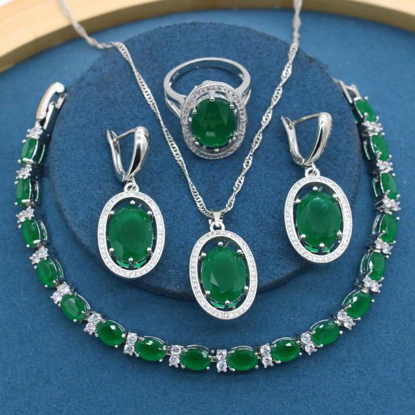 Orecchini Collana Verde Malese Set di gioielli color argento semiprezioso per le donne Confezione regalo con anello braccialetto nuziale