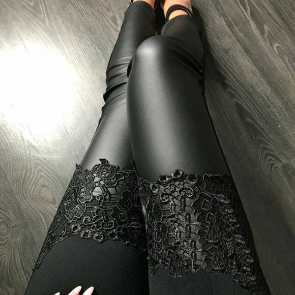 

women's pants & capris women leather lace appliques skinny pencil leggings fashion female black fitness slim trousers pantalon femme, Black;white