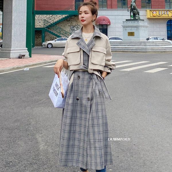 

women's trench coats 2021 women oversize pokets ajustable plaid long lapel sleeve fit windbreaker fashion tide spring autumn, Tan;black