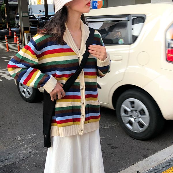 

korean style women autumn winter stripe cardigan sweater coat female long sleeve outwear knitted (f1368, White;black