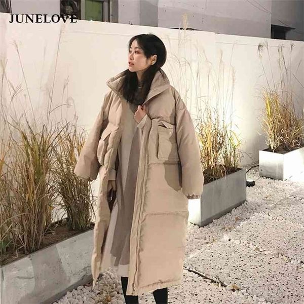 

junelove women's oversize over knee long warm coat vintage winter cotton-padded jacket parkas casual korean female thick outwear 210922, Black