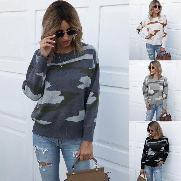 

autumn and winter sweater female european american fashion hem hand-cut camouflage pullover women's sweaters, White;black