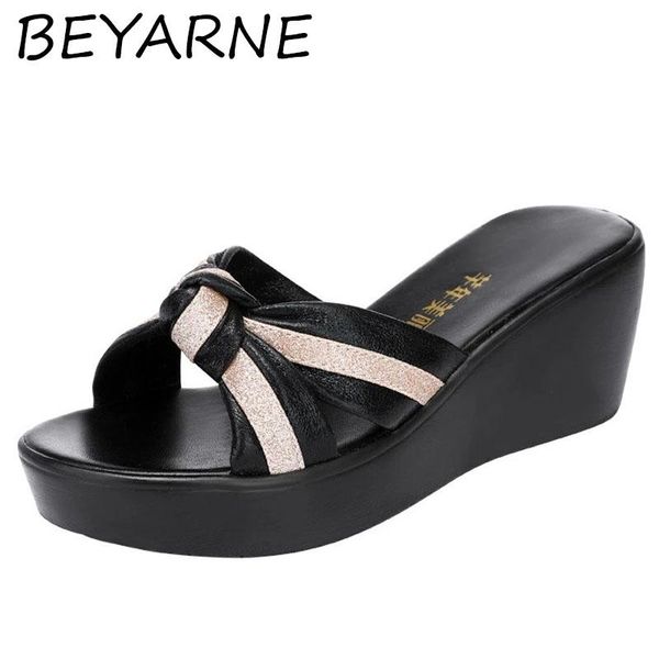 

slippers beyarnebig size 32-43 platform women summer shoes 2021 fashion stipe open head medium heel wedges slides ladies beach, Black