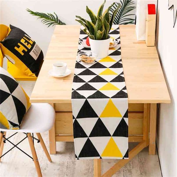 Dunxdeco таблица бегун длинные крышки ткань современный желтый черный треугольник геометрический хлопок смешанный коврик украшения дома 210709