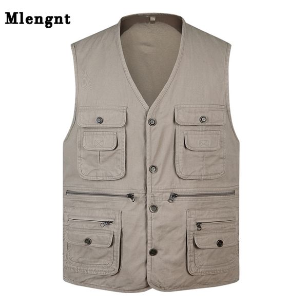 Clássico verão homens colete botão de algodão multi bolso 3 cores jaqueta sem mangas com muitos bolsos sólidos tamanho grande viagem waistcoat 211104