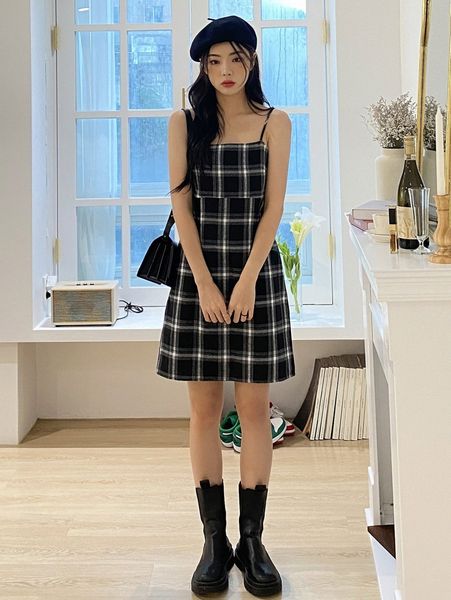 

dazy plaid print high waist cami dress e3i3#, Black;gray