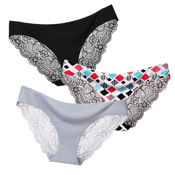 

women's panties women ice silk underwear seamless lace back briefs lingerie transparent underpants female thong pants, Black;pink
