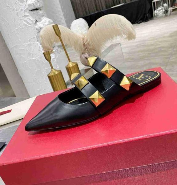 

sandals 2021 early spring women's big rivet black matte fashion element trendy sandals geniune sheep leather flat slippers