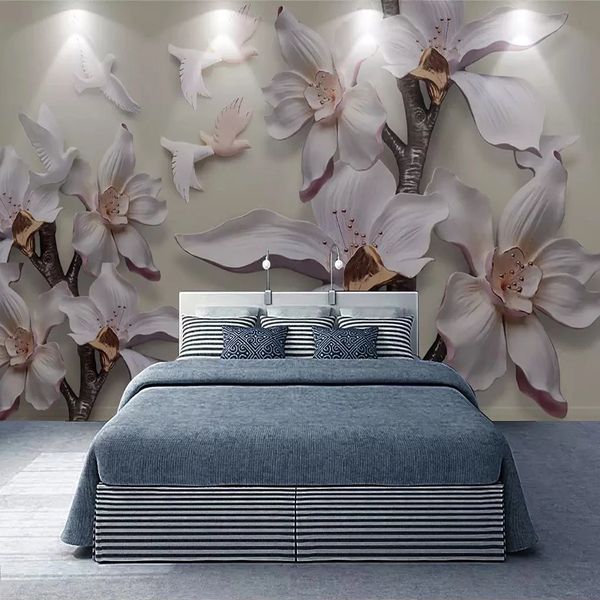 

custom size 3d wall stereoscopic relief murals white magnolia flower tv background wallpapers for living room