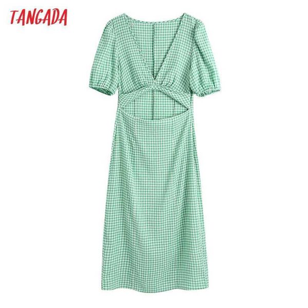 

tangada summer women green plaid print french style cut-out dress puff short sleeve ladies midi dress vestidos be902 210609, Black;gray