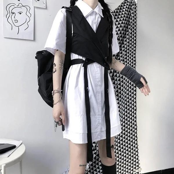 

two piece set clothes women dress shirt skirt summer korean ins mid length loose casual collar vest fashion suit, White