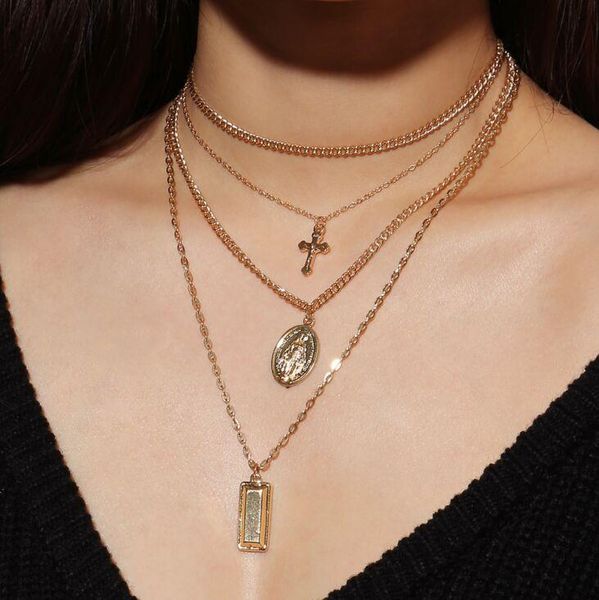 

chokers kakaboom 4 layers retro vintage golden cross necklaces pendants all-match simple style ins fashion, Golden;silver