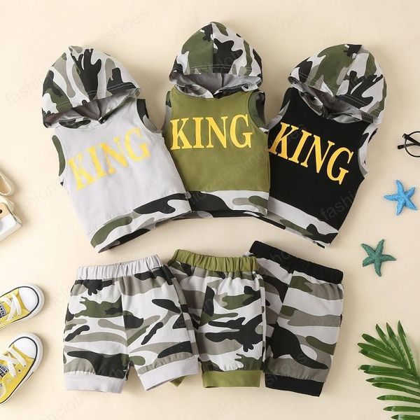 Set di abbigliamento per bambini e ragazzi Set di due pezzi per bambini mimetici senza maniche stampati con cappuccio