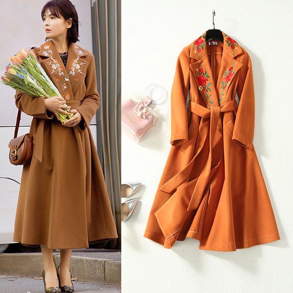 

women's trench coats 2021 autumn of women embrodiery winter wool belt chic female jacket b355, Tan;black