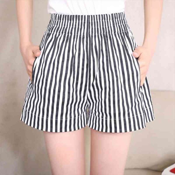 

summer blended cotton striped casual womens shorts fashion wide leg loose leisure s-2xl, White;black