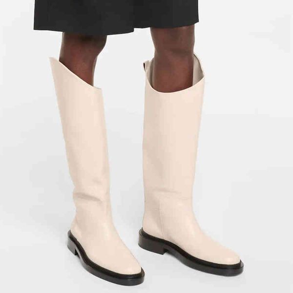 

boots leather chunky heel knight women round toe slip on long med heels solid botas flat shoes for women's new bsmt, Black