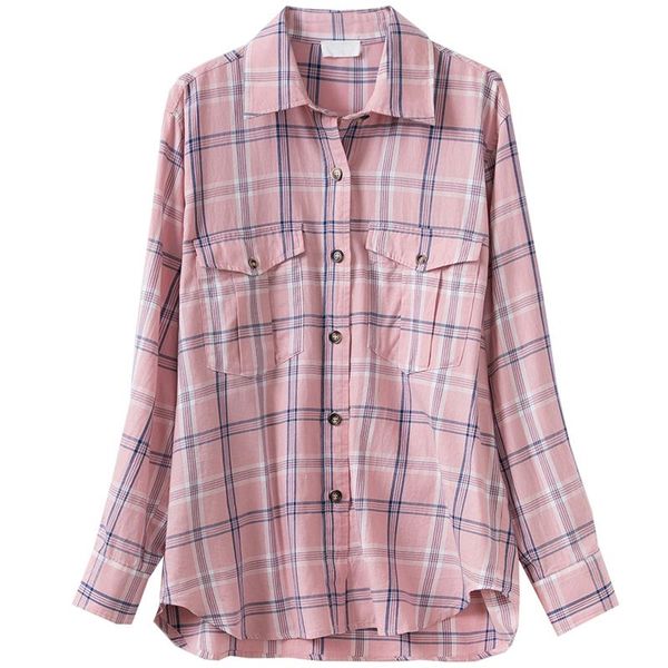 

women's blouses & shirts [elfstyle] - yarol checked cotton shirt chest pockets button -down collar cuff buttoned oversized boyfriend wo, White