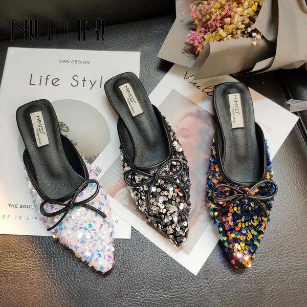 

slippers women's pointed toe sequins flats niufuni summer bow sandals beach shoes slip ons flat slides, Black