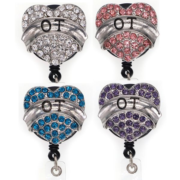 

10 pcs/lot fashion key rings crystal rhinestone heart shape ot badge reel id name card holder for nurse accessories, Slivery;golden