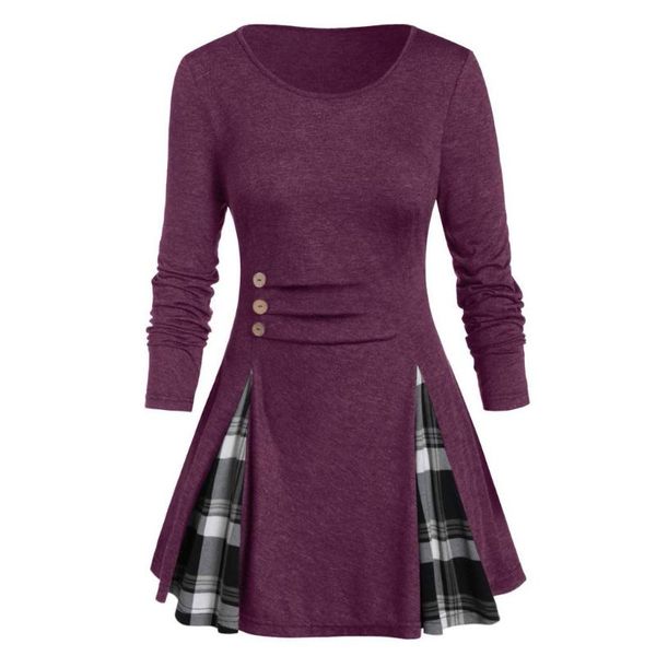 

women's t-shirt women plus size tunic tee buttoned plaid print long sleeve t shirt comfy vintage fast in stock #8, White