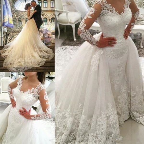 Abiti da sposa bianchi Abiti da sposa Abiti da ballo a maniche lunghe con strascico in pizzo Taglia personalizzata