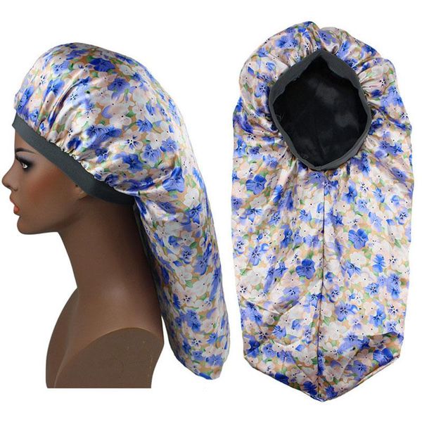 

different style double layer long flower print satin night hat women lady headwear sleep caps bonnet hair care beanie, Blue;gray