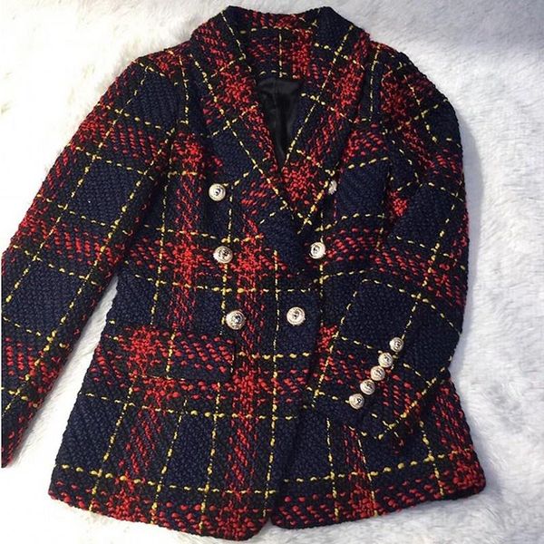 

women's suits & blazers england style women twill woven tweed plaid blazer double breasted nothed collar silm fit female coats plus siz, White;black