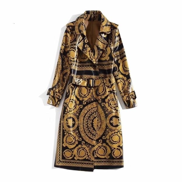 

21ss designer women european and american women's autumn/winter new style long-sleeve vintage print lace-up trench coat, Tan;black