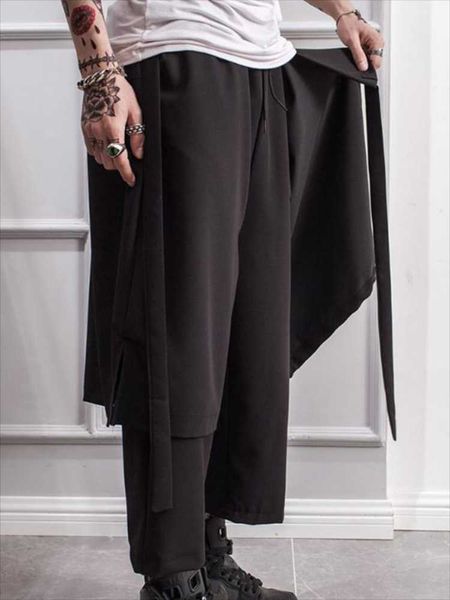 

men's pants wide leg spring and autumn european american personality stitching leisure large size nine minutes, Black