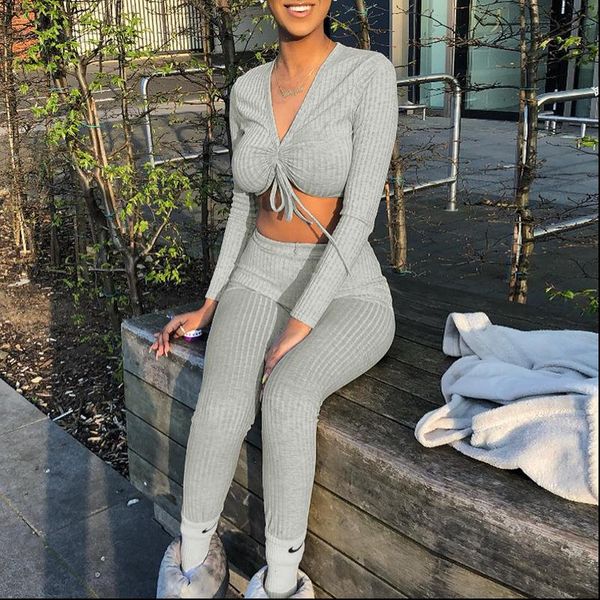 

ook two piece sets womens tracksuits v neck long sleeve crop pants autumn feminine matching streetwear, Gray