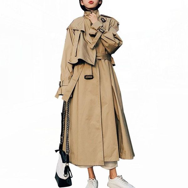

women's trench coats 2021 women high street loose outerwear woman worker streetwear long trenchcoats female ol oversize fy12, Tan;black