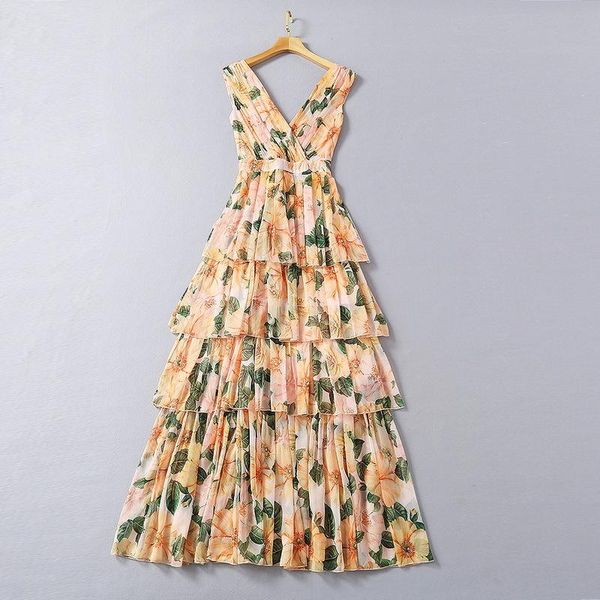 

casual dresses european and american women's clothing 2021 spring flower print ruffled sleeveless v-neck fashion dress, Black;gray