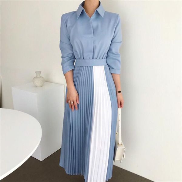 

[ewq] spring vintage loose women dress high waist slim was thin elegant panelled color folds maxi robe, Black;gray