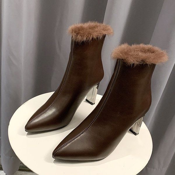 

shoes women short fashion fur high heeled ankle boots woman autumn/winter shoes pointed toe thin heel footware brown 1u2s, Black