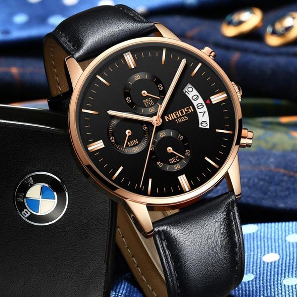 

wristwatches nibosi mens watches waterproof casual wrist watch chronograph quartz military genuine leather relogio masculin, Slivery;brown