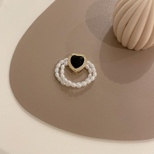 

cluster rings lovoacc elegant double layered imitation pearls for women black color love heart elastic charm ring wedding accessories, Golden;silver