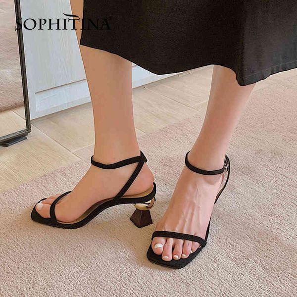 

sophitina women sandals concise fashion simple summer all-match shoes ankle strap strange style heel handmade female shoes ao673 210513, Black