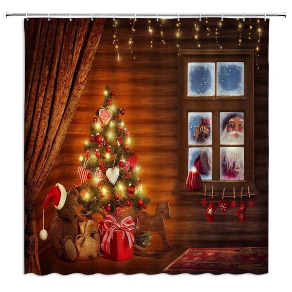 

christmas shower curtain christmas eve warm wooden house santa claus christmas tree flashing lights presents,70x70 inch