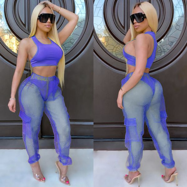 

2021 women two pieces sets summer trasuits mesh perspective +pants suit jogger sporty fitness outfits 2 pcs street gl738by, White