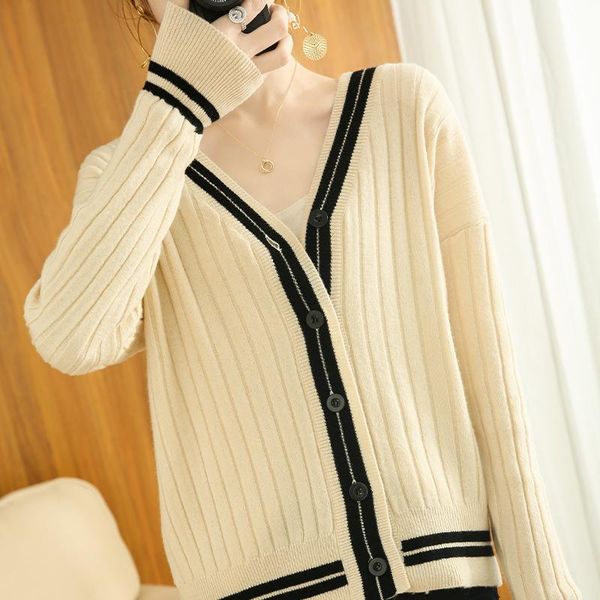 

women's knits & tees spring autumn women sweater female cardigan v-neck long sleeve 100% wool knitted coat clothing jacket femme jumper, White