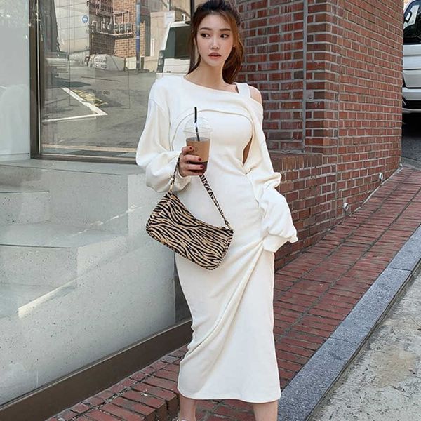 

two piece dress sleeve knitted sweater bodycon skirts ladies autumn set women pullover long pencil skirt suit zgmk, White