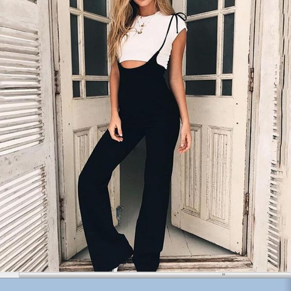 

women's pants & capris fashion ladies lace up solid color high-wasit bib casual playsuit, Black;white