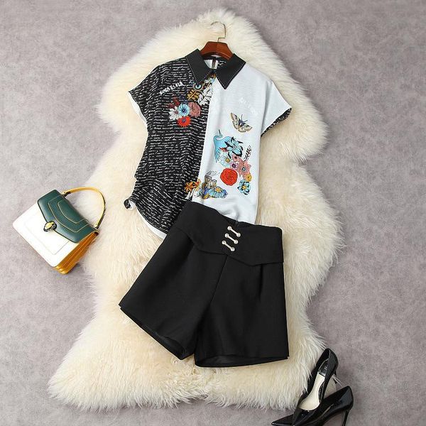 

women's tracksuits europe and the united states clothing summer 2021 short sleeved shirt with printed lapels black shorts fashion suit, Gray