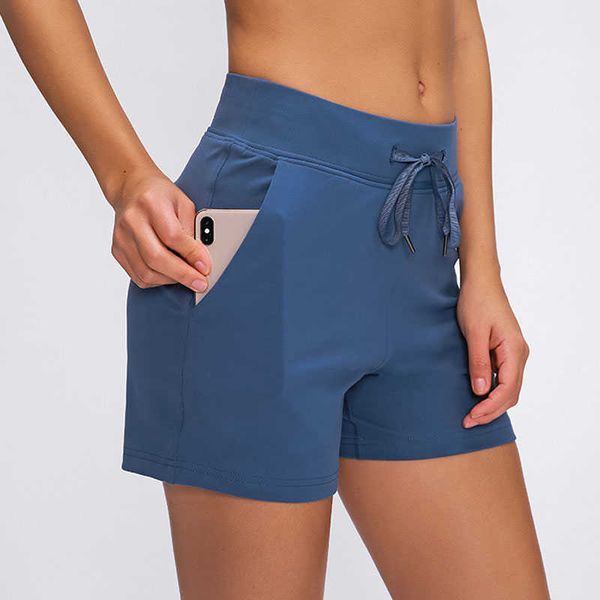 L-06 Damen Yoga-Shorts, Sport-Outfit, Sportbekleidung, Damen, Mädchen, lässig, mit Kordelzug, einfarbig, doppelseitig, Nylon, Outdoor-Bekleidung, Übung