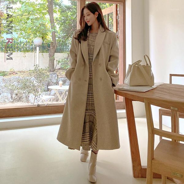 

women's wool & blends lanmrem straight single-breasted woolen coat lapel collar belt fit coats with casual women 2021 winter 2k22096, Black