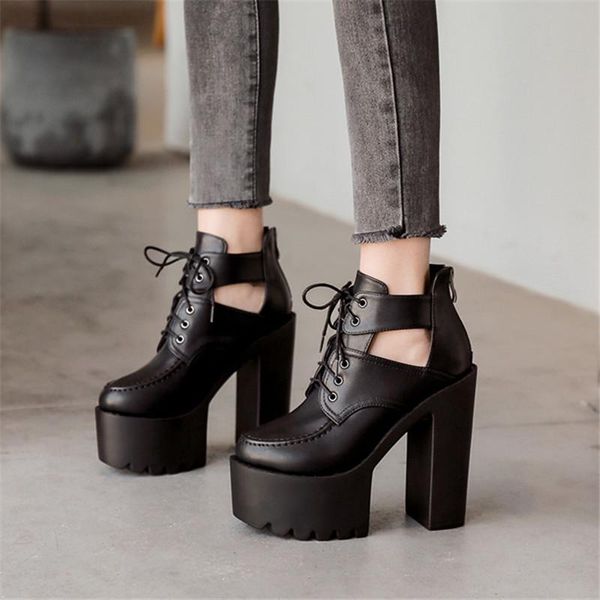 

dress shoes pxelena spring women punk rock gothic biker motorcycle pumps lace up thick platform block chunky high heels gladiator lady, Black