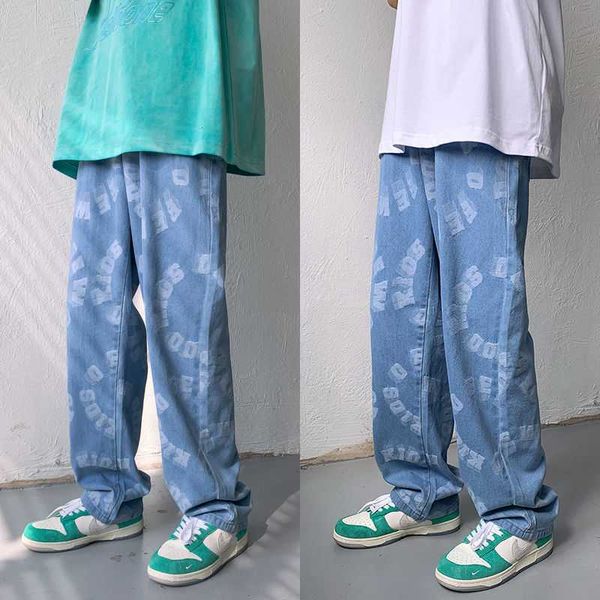 

men's pants women's jeans harajuku loose straight korean style trousers printed couple streetwear casual, Black