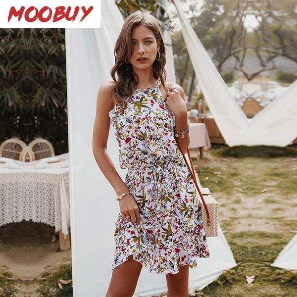

summer slim halter print dress women casual sleeveless ruffles above knee mini floral 2021 boho dresses, Black;gray
